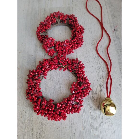 Red cranberry Berry mini wreath Bell necklace Xmas set hanging - Picture 2 of 6